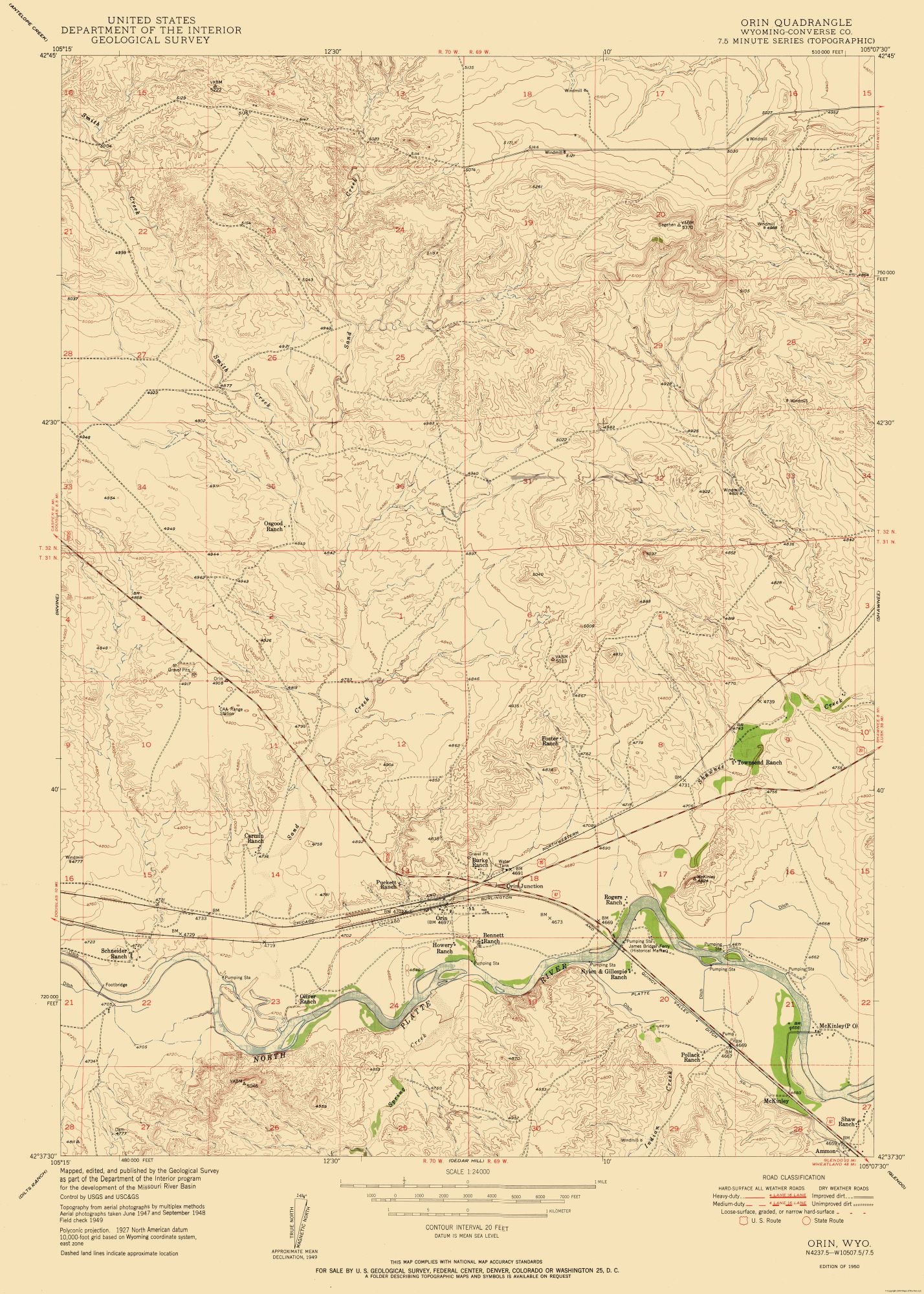 Topographical Map - Orin Wyoming Quad - USGS 1950 - 23 x 32.22 - Vintage Wall Art