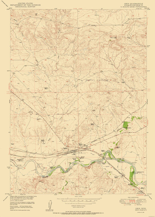 Topographical Map - Orin Wyoming Quad - USGS 1950 - 23 x 32.22 - Vintage Wall Art