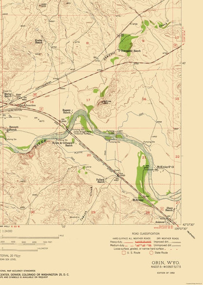 Topographical Map - Orin Wyoming Quad - USGS 1950 - 23 x 32.22 - Vintage Wall Art
