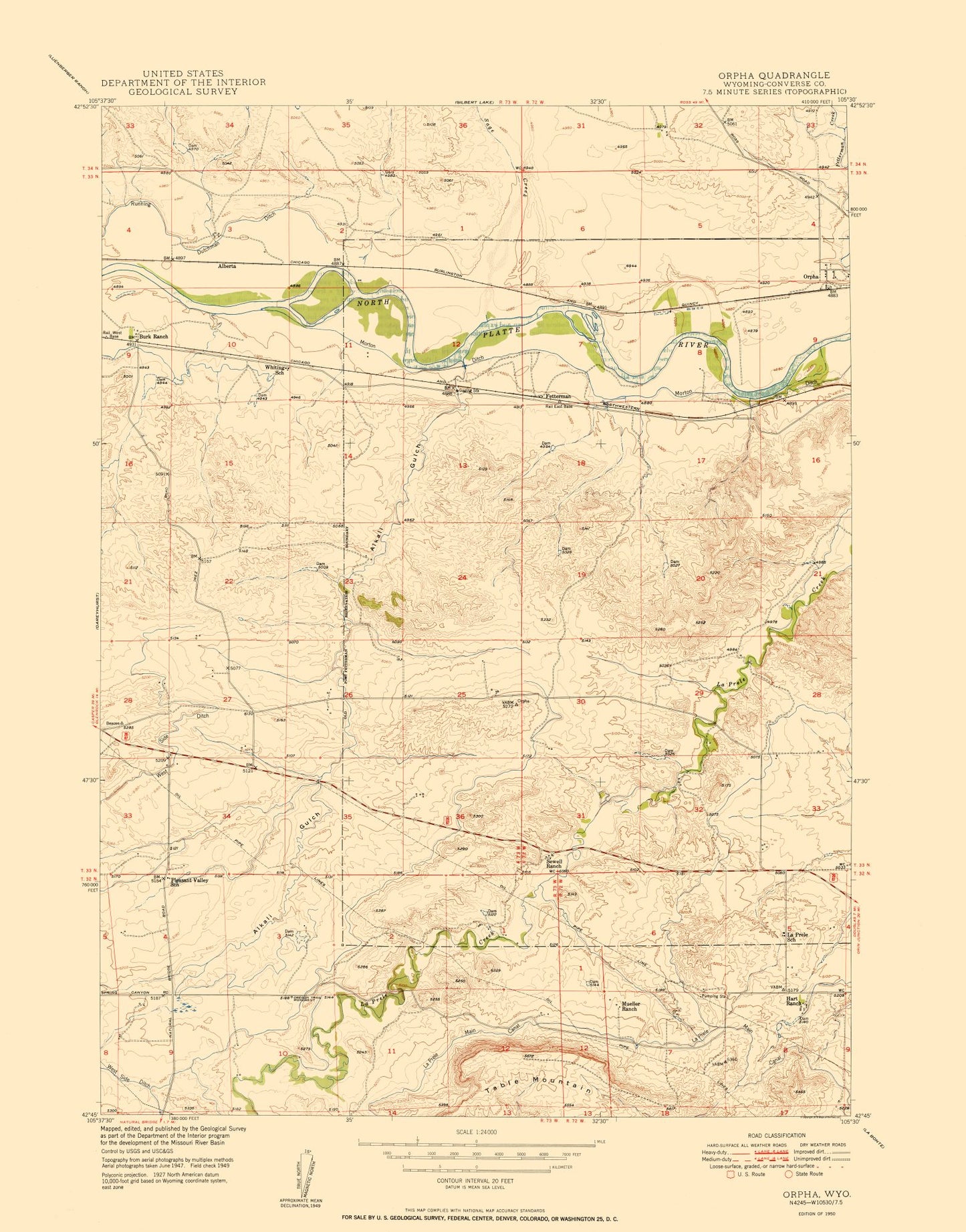 Topographical Map - Orpha Wyoming Quad - USGS 1949 - 23 x 29.33 - Vintage Wall Art