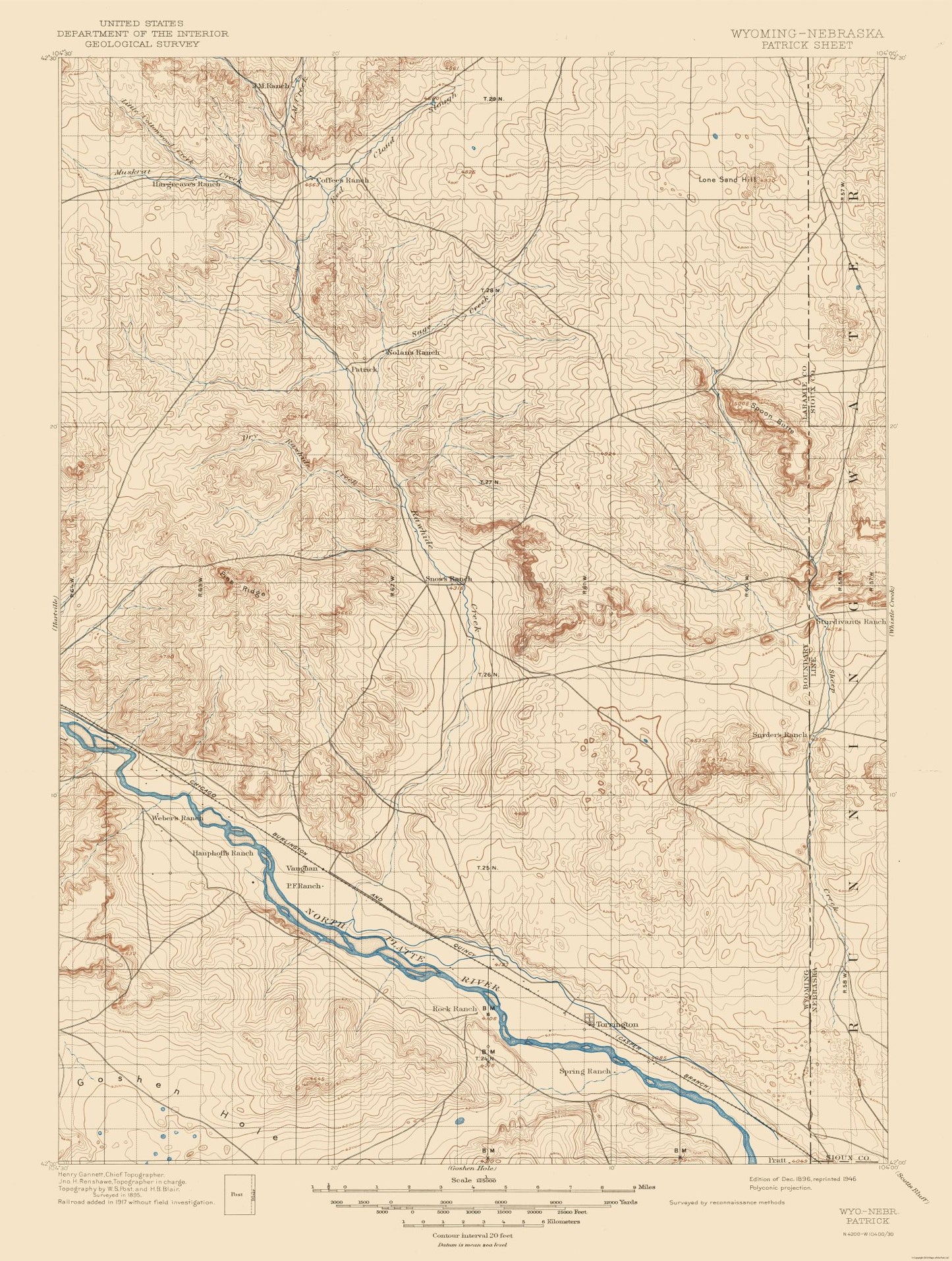 Topographical Map - Patrick Wyoming Sheet - USGS 1946 - 23 x 30.46 - Vintage Wall Art