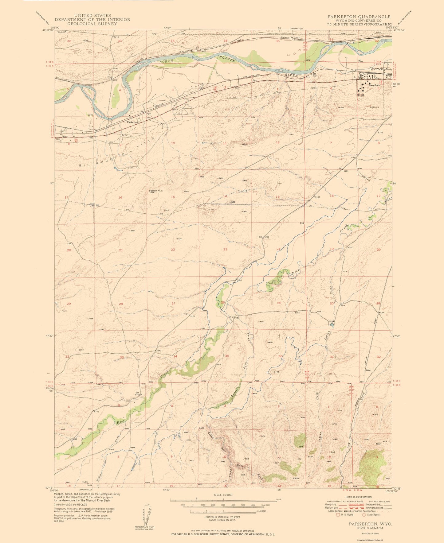 Topographical Map - Parkerton Wyoming Quad - USGS 1950 - 23 x 28.15 - Vintage Wall Art