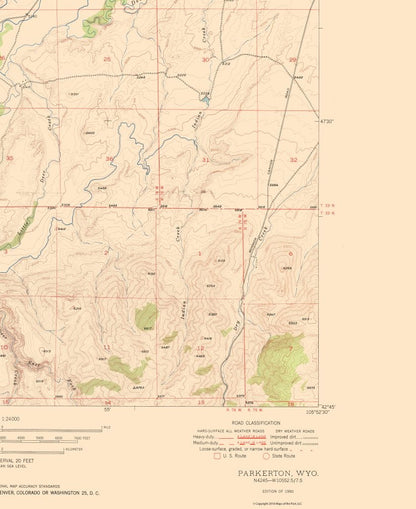 Topographical Map - Parkerton Wyoming Quad - USGS 1950 - 23 x 28.15 - Vintage Wall Art