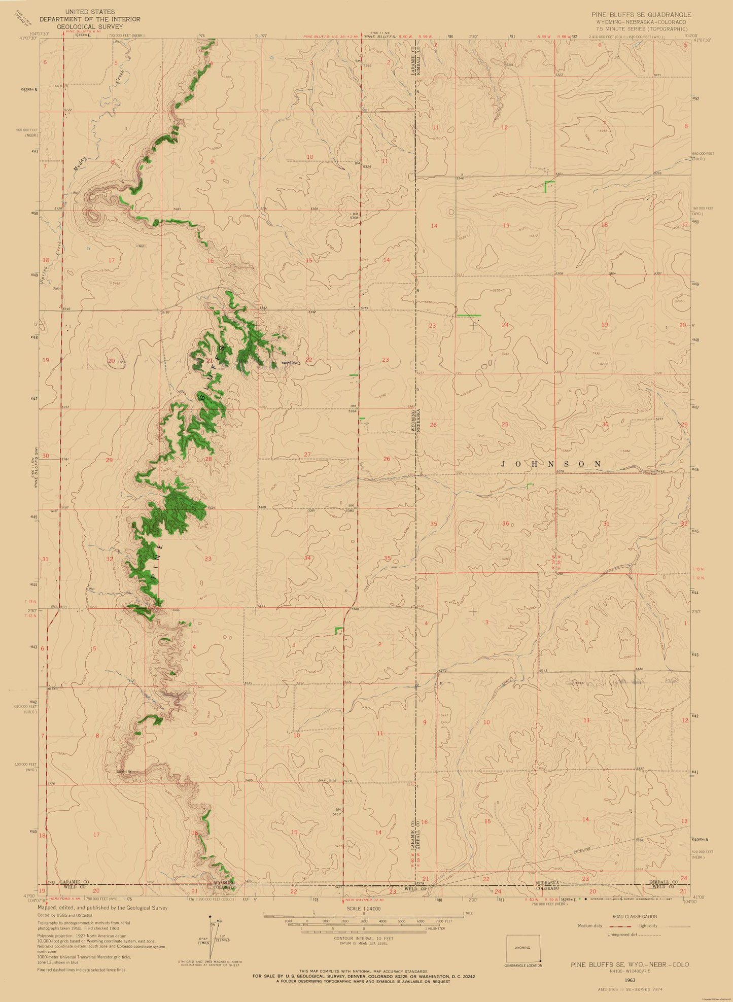 Topographical Map - Pine Bluffs Wyoming Quad - USGS 1963 - 23 x 31.45 - Vintage Wall Art