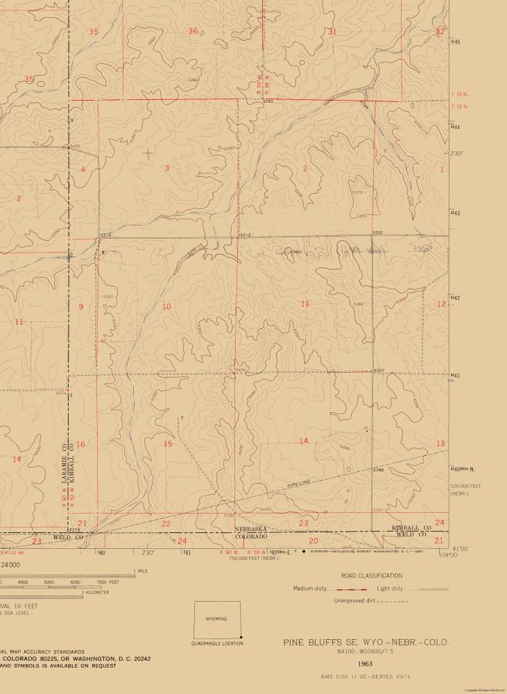 Topographical Map - Pine Bluffs Wyoming Quad - USGS 1963 - 23 x 31.45 - Vintage Wall Art