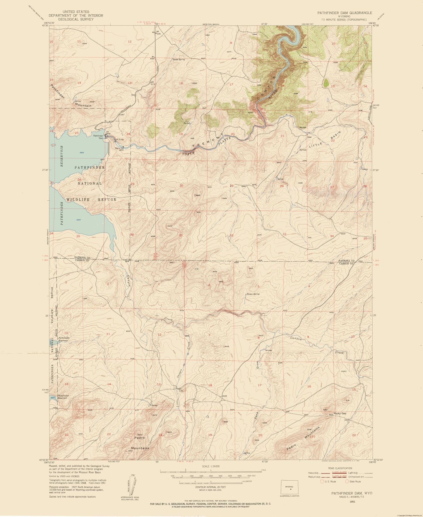 Topographical Map - Pathfinder Dam Wyoming Quad - USGS 1951 - 23 x 28.10 - Vintage Wall Art