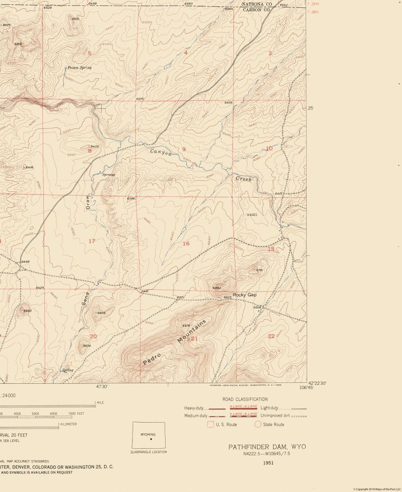 Topographical Map - Pathfinder Dam Wyoming Quad - USGS 1951 - 23 x 28.10 - Vintage Wall Art