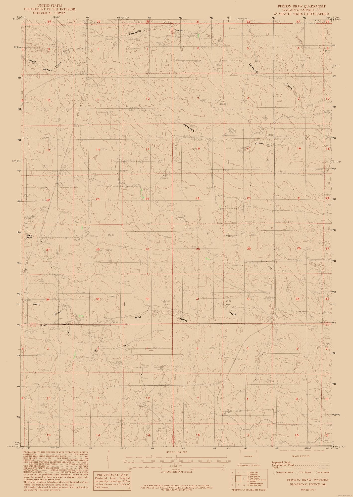 Topographical Map - Persson Draw Wyoming Quad - USGS 1984 - 23 x 32.41 - Vintage Wall Art