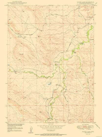 Topographical Map - Poison Lake Wyoming Quad - USGS 1950 - 23 x 30.89 - Vintage Wall Art