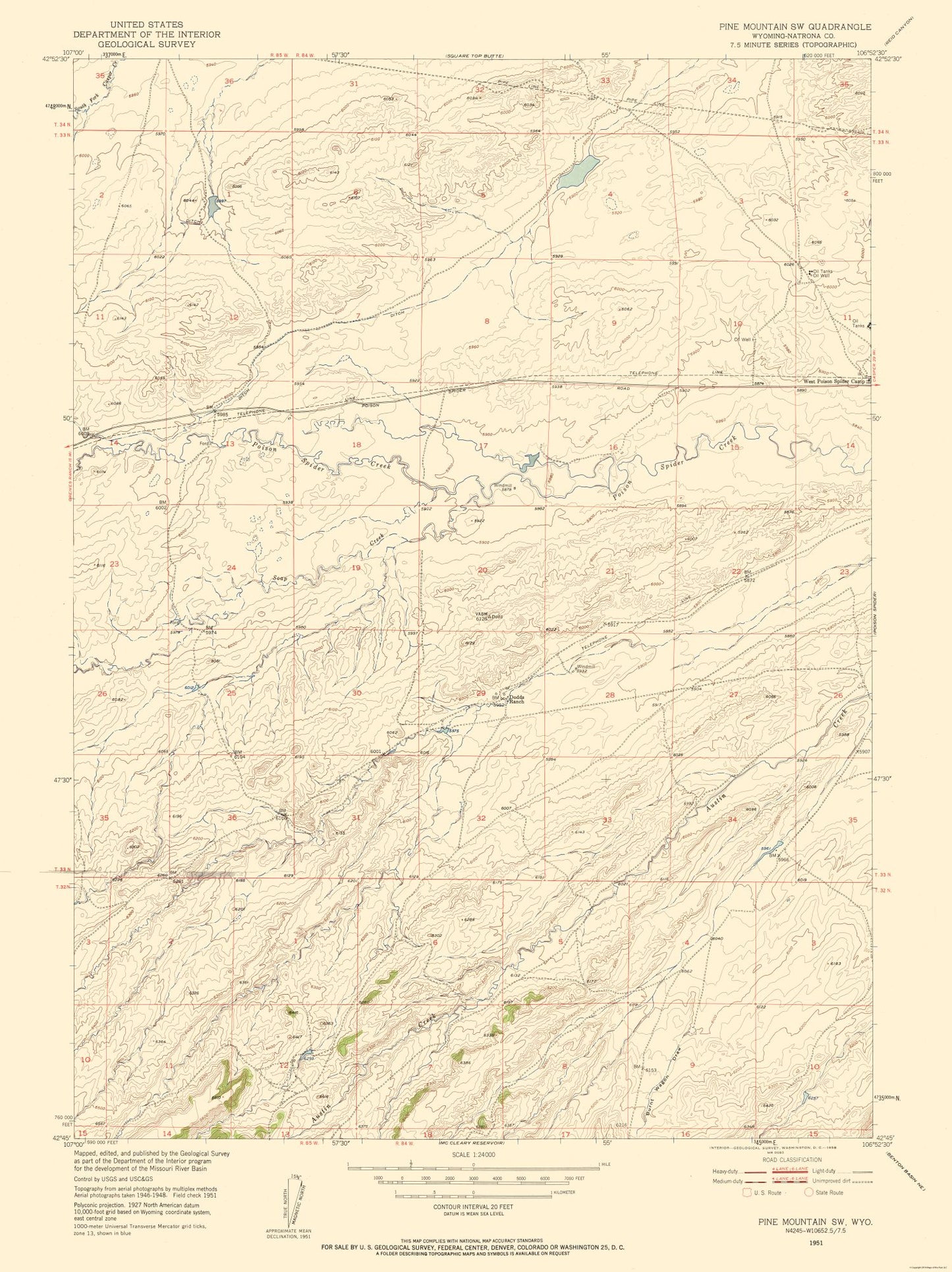Topographical Map - Pine Mountain Wyoming Quad - USGS 1951 - 23 x 30.72 - Vintage Wall Art