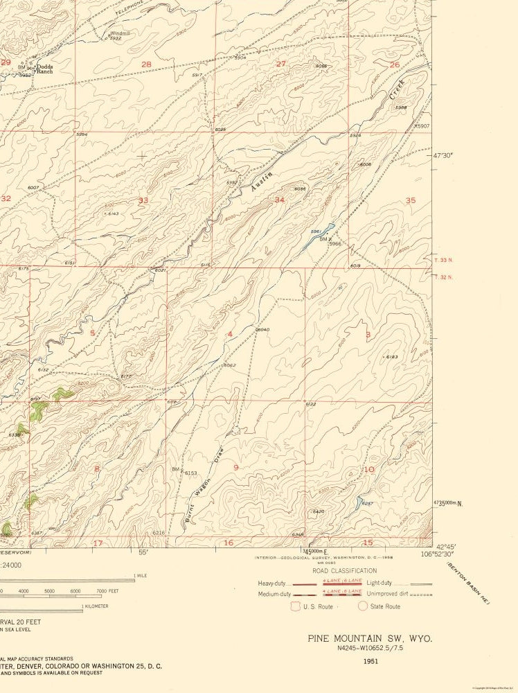 Topographical Map - Pine Mountain Wyoming Quad - USGS 1951 - 23 x 30.72 - Vintage Wall Art