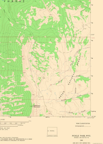 Topographical Map - Pickle Pass Wyoming Quad - USGS 1965 - 23 x 32.34 - Vintage Wall Art