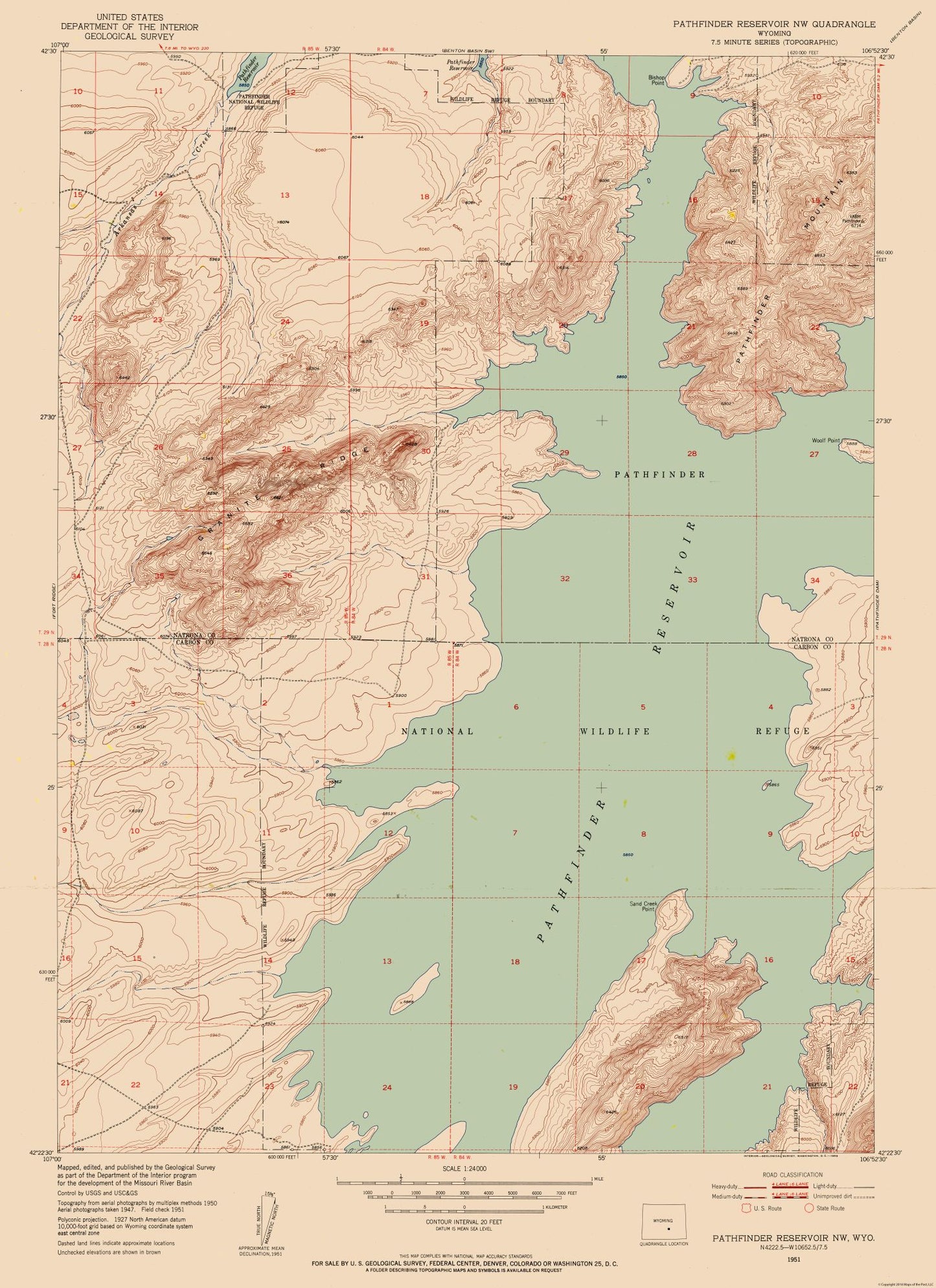 Topographical Map - Pathfinder Reservoir Wyoming Quad - USGS 1951 - 23 x 31.67 - Vintage Wall Art