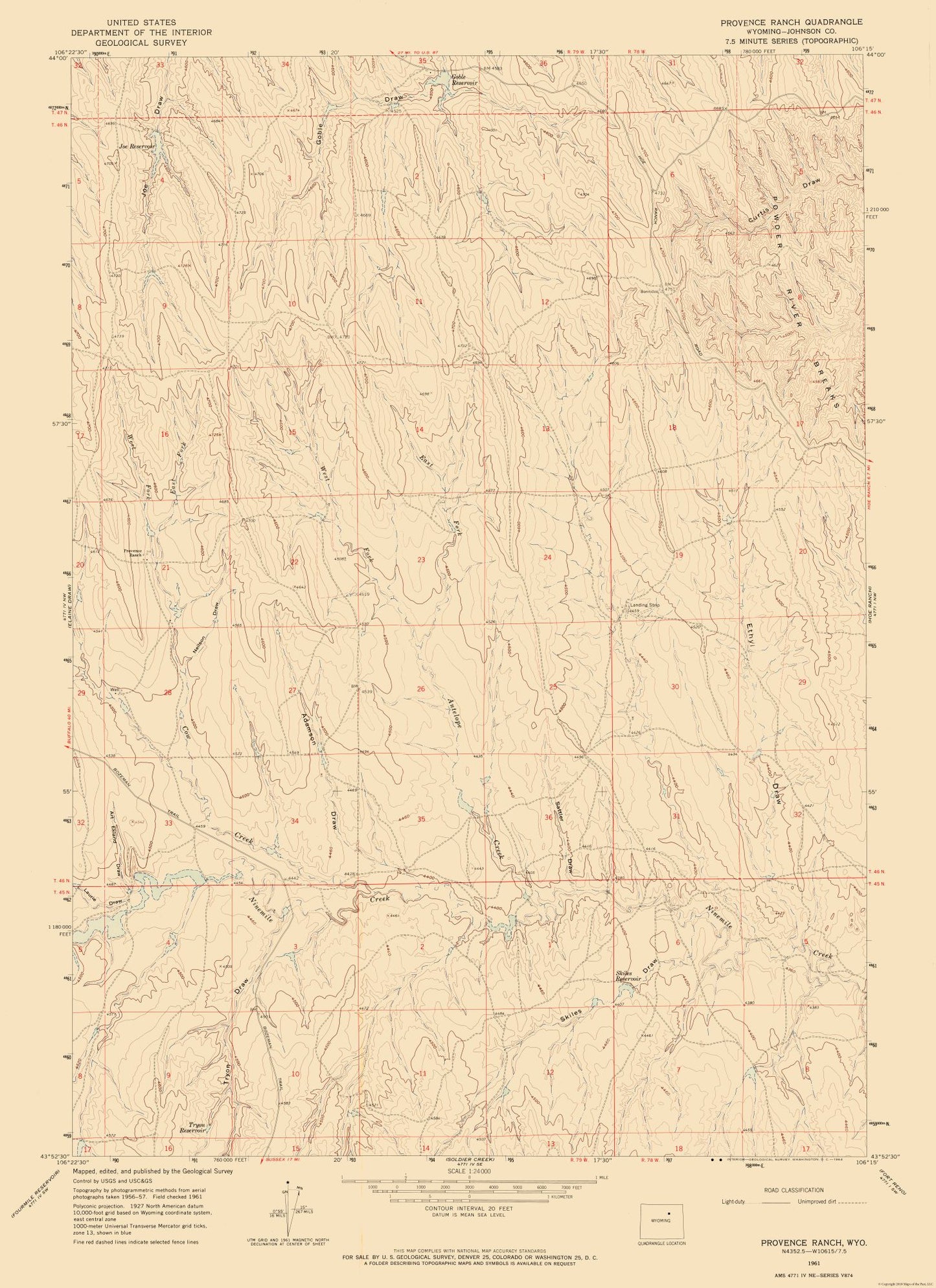 Topographical Map - Provence Ranch Wyoming Quad - USGS 1961 - 23 x 31.64 - Vintage Wall Art