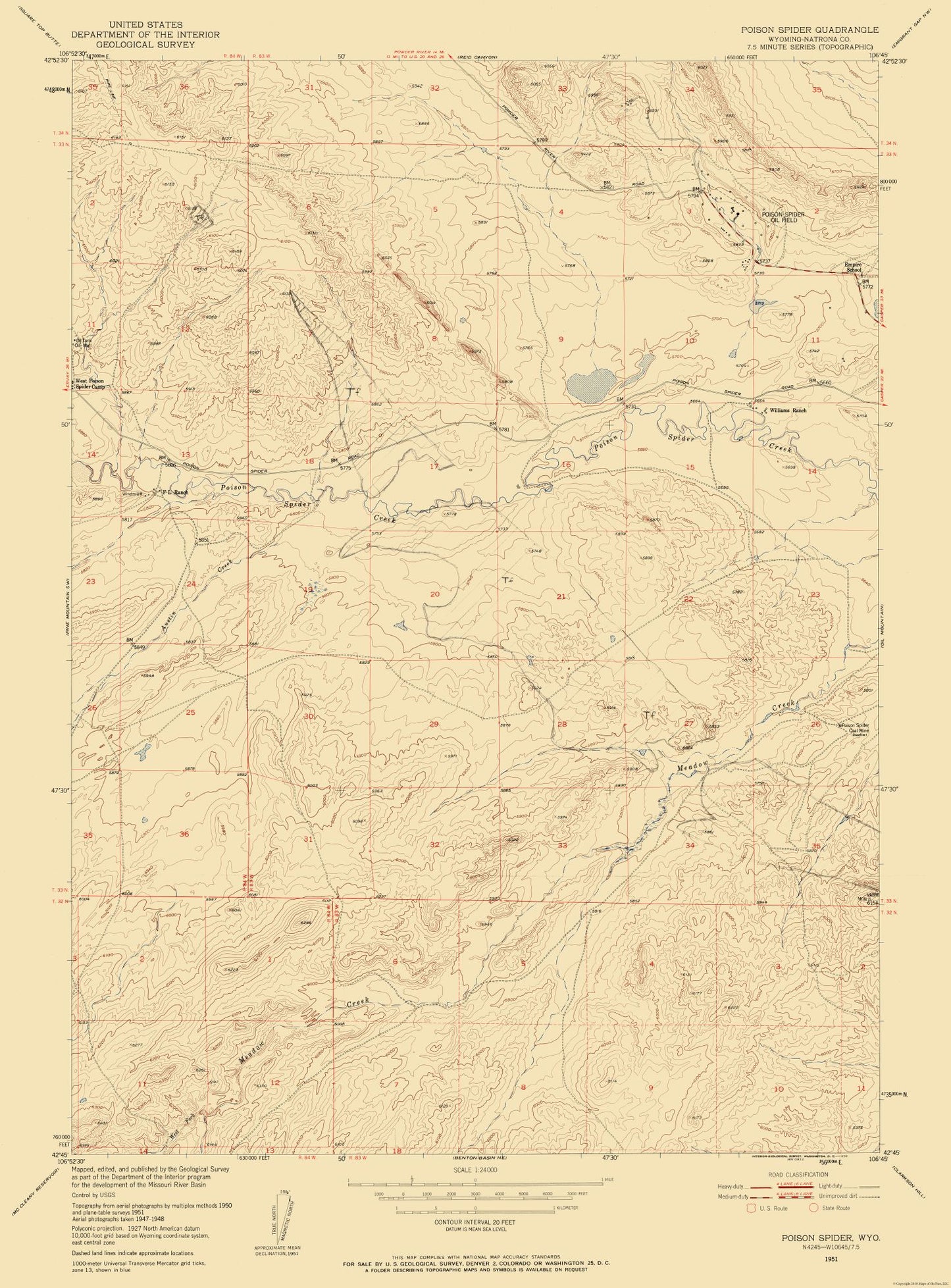 Topographical Map - Poison Spider Wyoming Quad - USGS 1951 - 23 x 31.14 - Vintage Wall Art