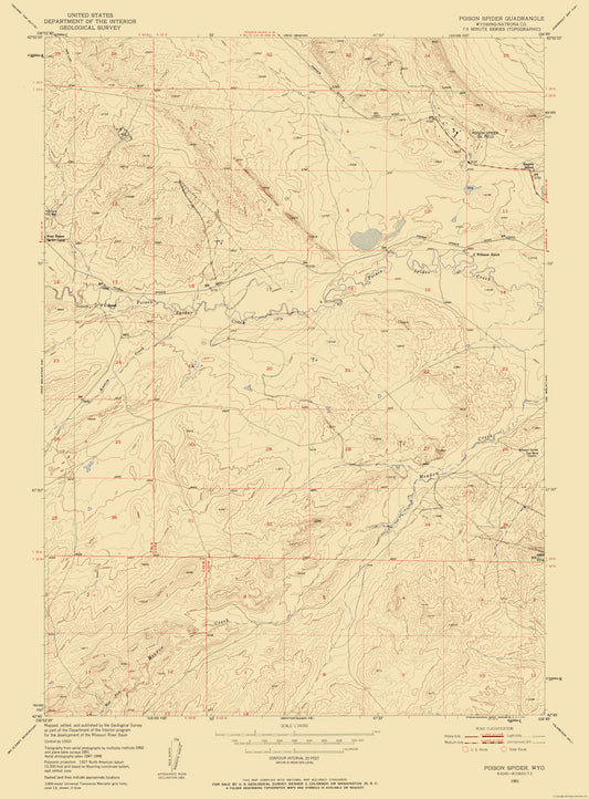 Topographical Map - Poison Spider Wyoming Quad - USGS 1951 - 23 x 31.14 - Vintage Wall Art