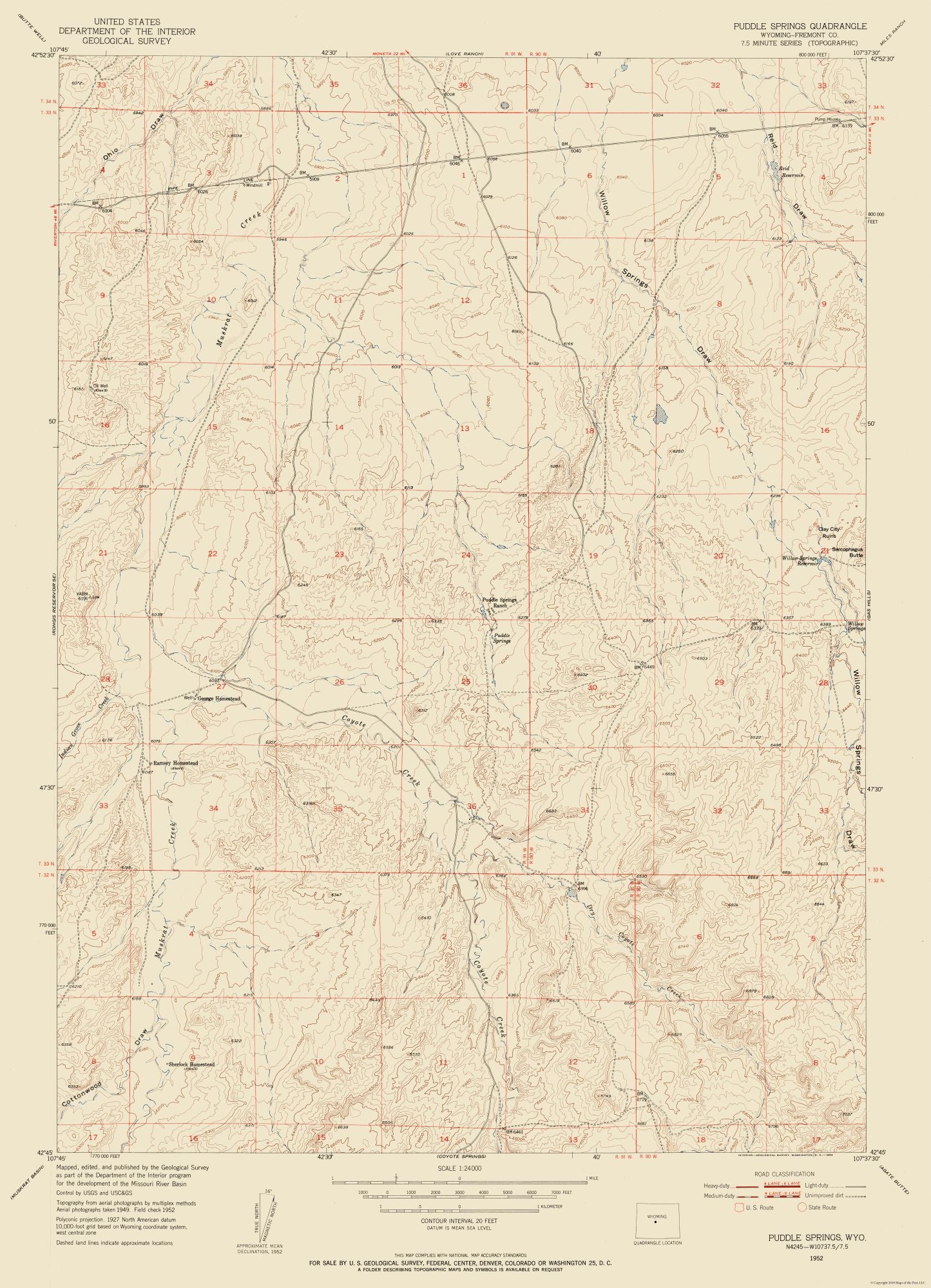 Topographical Map - Puddle Springs Wyoming Quad - USGS 1952 - 23 x 31.83 - Vintage Wall Art