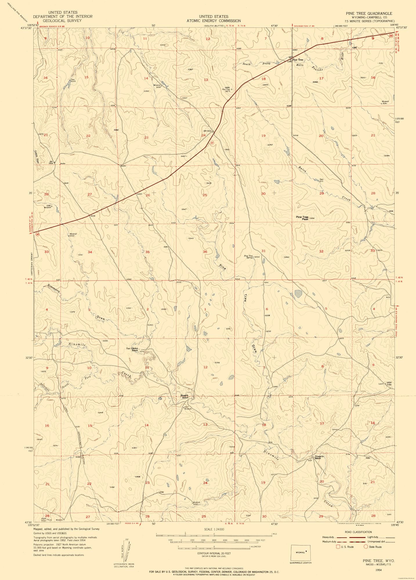 Topographical Map - Pine Tree Wyoming Quad - USGS 1954 - 23 x 32.09 - Vintage Wall Art