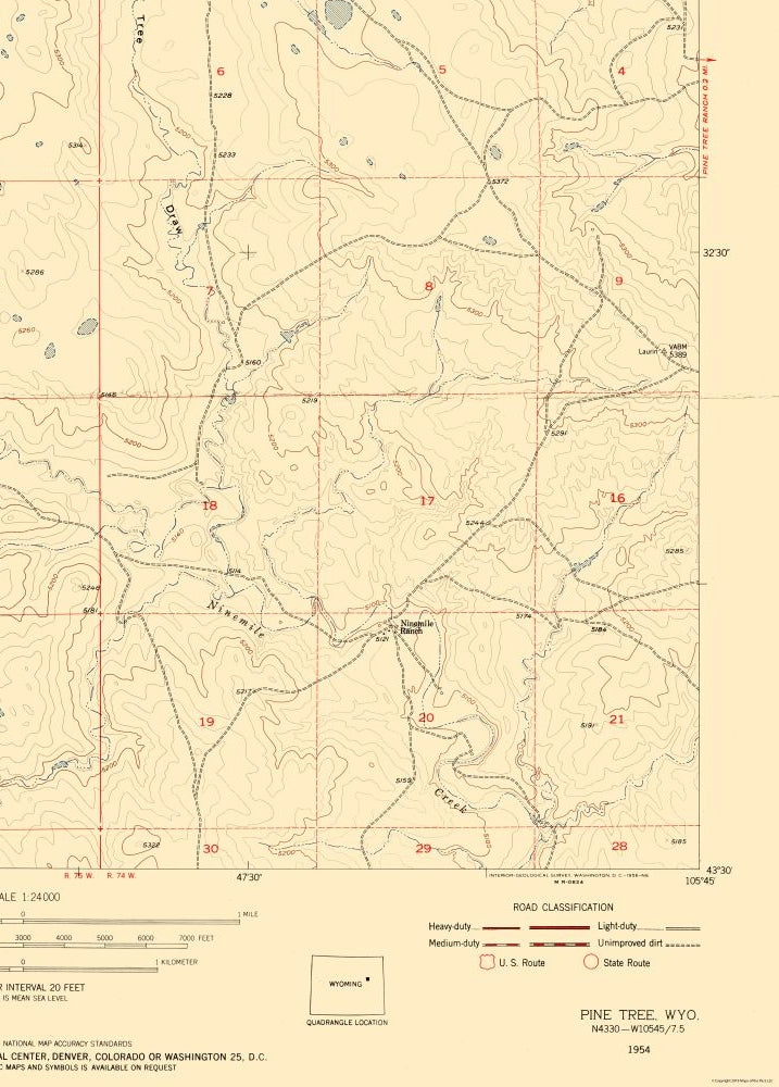 Topographical Map - Pine Tree Wyoming Quad - USGS 1954 - 23 x 32.09 - Vintage Wall Art