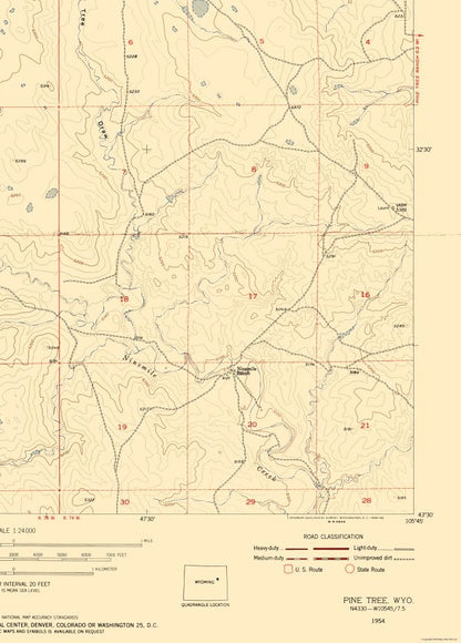 Topographical Map - Pine Tree Wyoming Quad - USGS 1954 - 23 x 32.09 - Vintage Wall Art