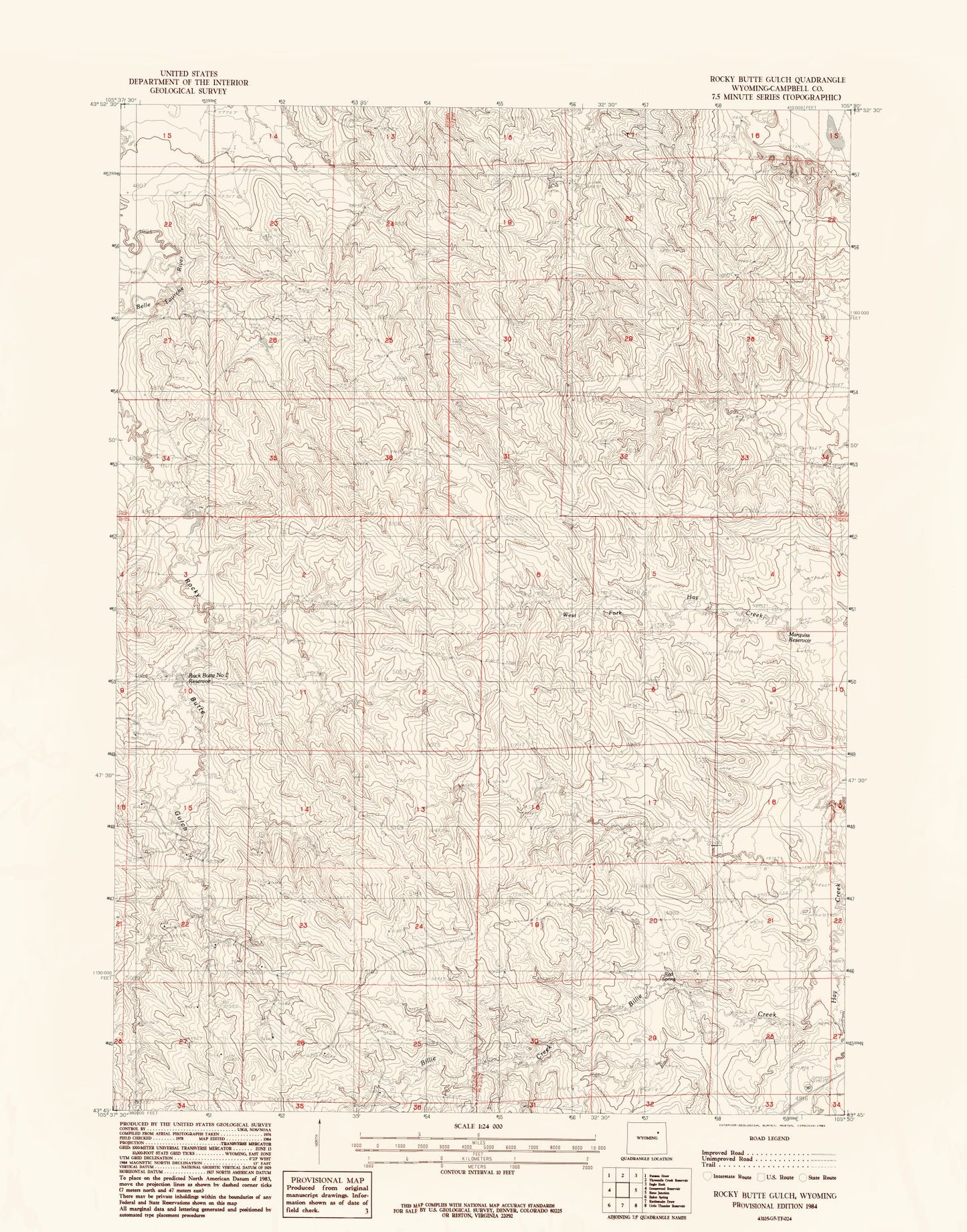 Topographical Map - Rocky Butte Gulch Wyoming Quad - USGS 1984 - 23 x 29.29 - Vintage Wall Art