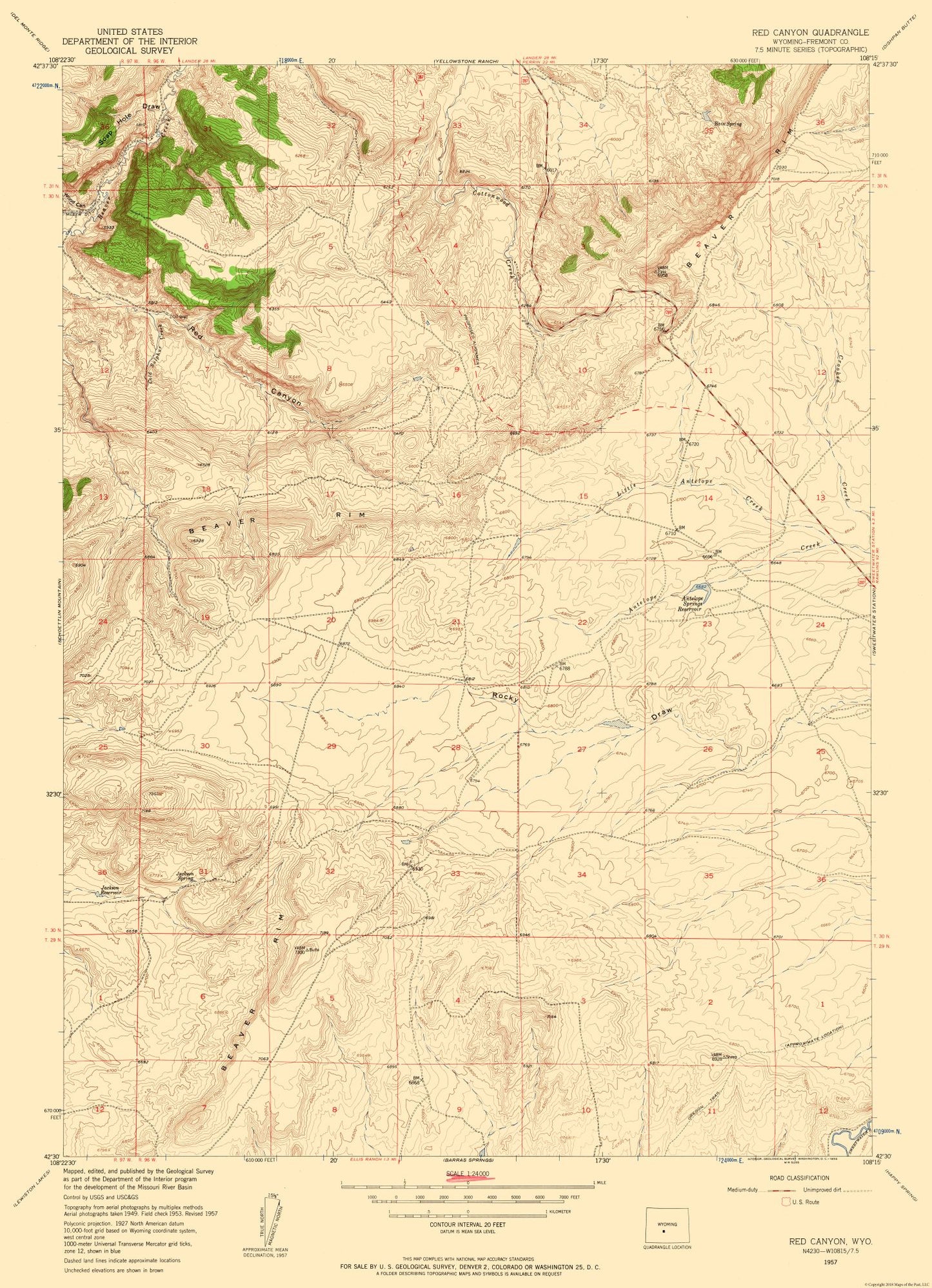 Topographical Map - Red Canyon Wyoming Quad - USGS 1957 - 23 x 31.79 - Vintage Wall Art