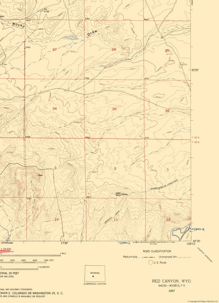 Topographical Map - Red Canyon Wyoming Quad - USGS 1957 - 23 x 31.79 - Vintage Wall Art