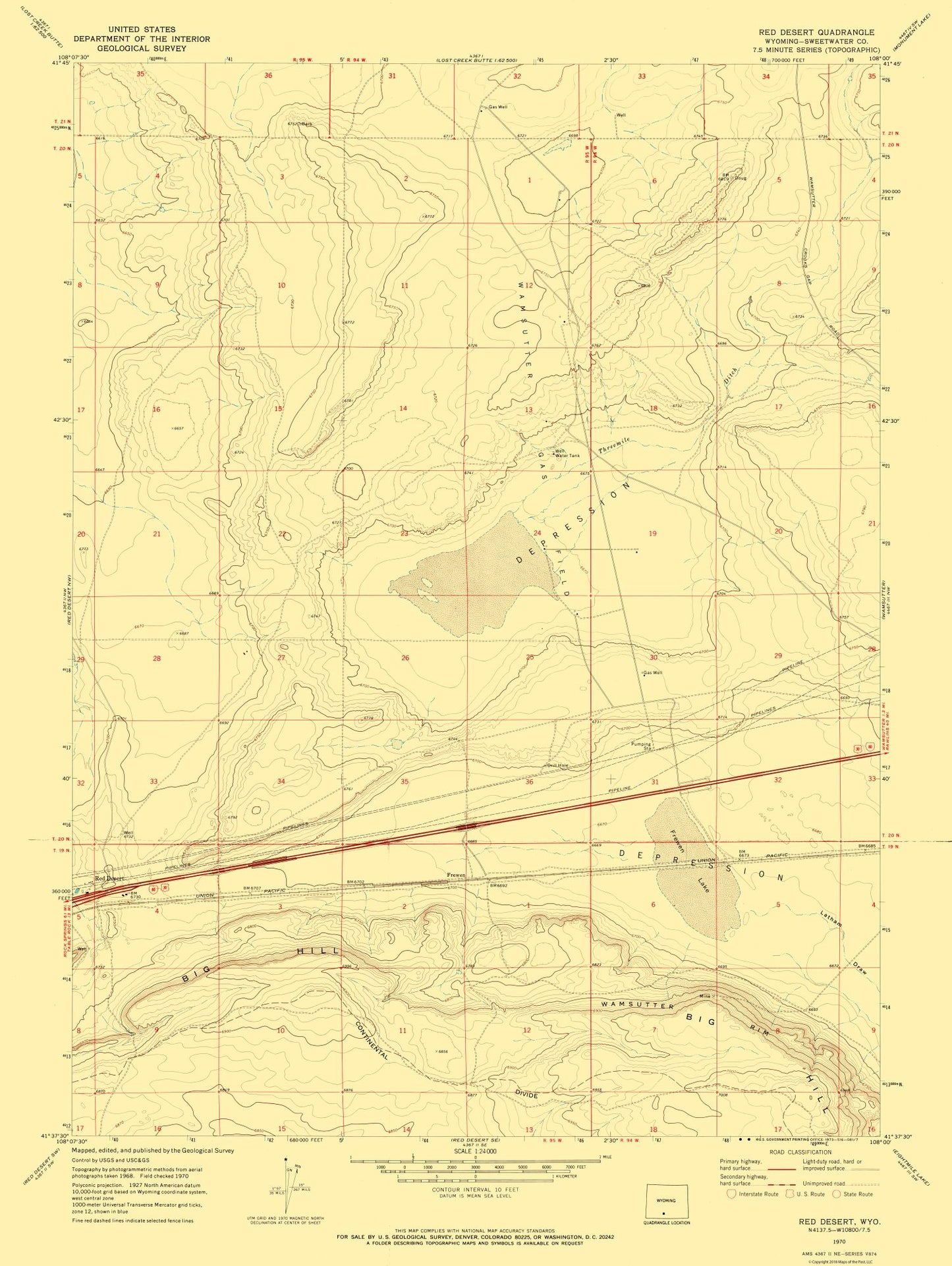 Topographical Map - Red Desert Wyoming Quad - USGS 1970 - 23 x 30.59 - Vintage Wall Art