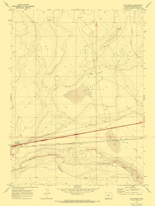 Topographical Map - Red Desert Wyoming Quad - USGS 1970 - 23 x 30.59 - Vintage Wall Art