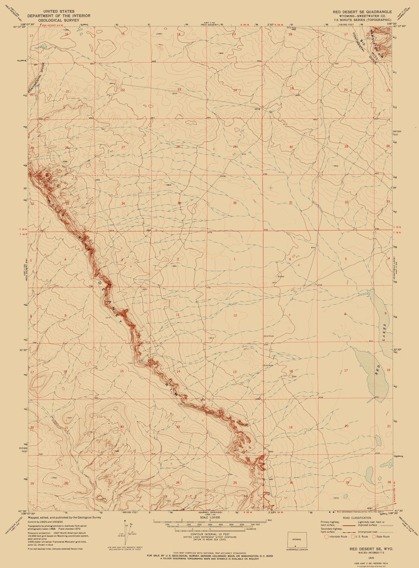 Topographical Map - South East Red Desert Wyoming Quad - USGS 1970 - 23 x 31.19 - Vintage Wall Art