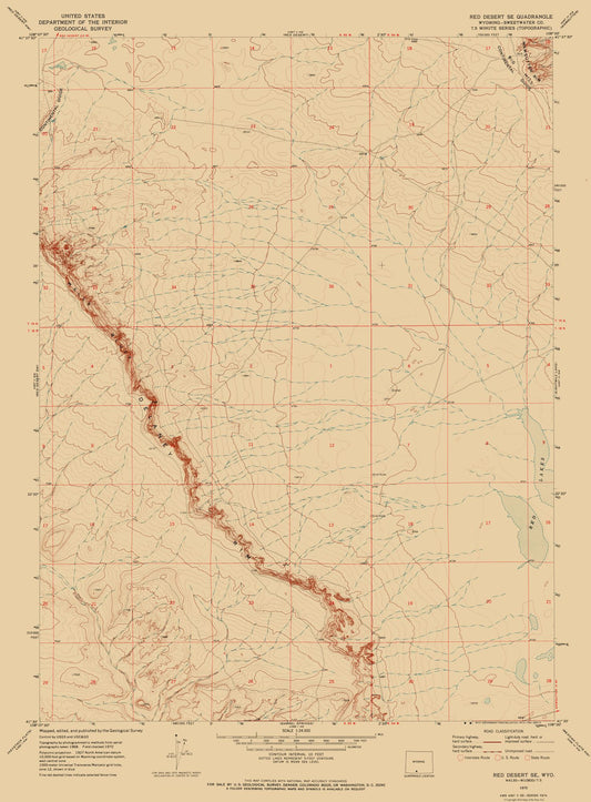 Topographical Map - South East Red Desert Wyoming Quad - USGS 1970 - 23 x 31.19 - Vintage Wall Art