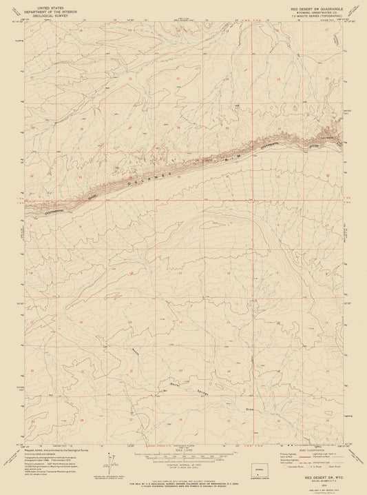 Topographical Map - South West Red Desert Wyoming Quad - USGS 1970 - 23 x 31.01 - Vintage Wall Art