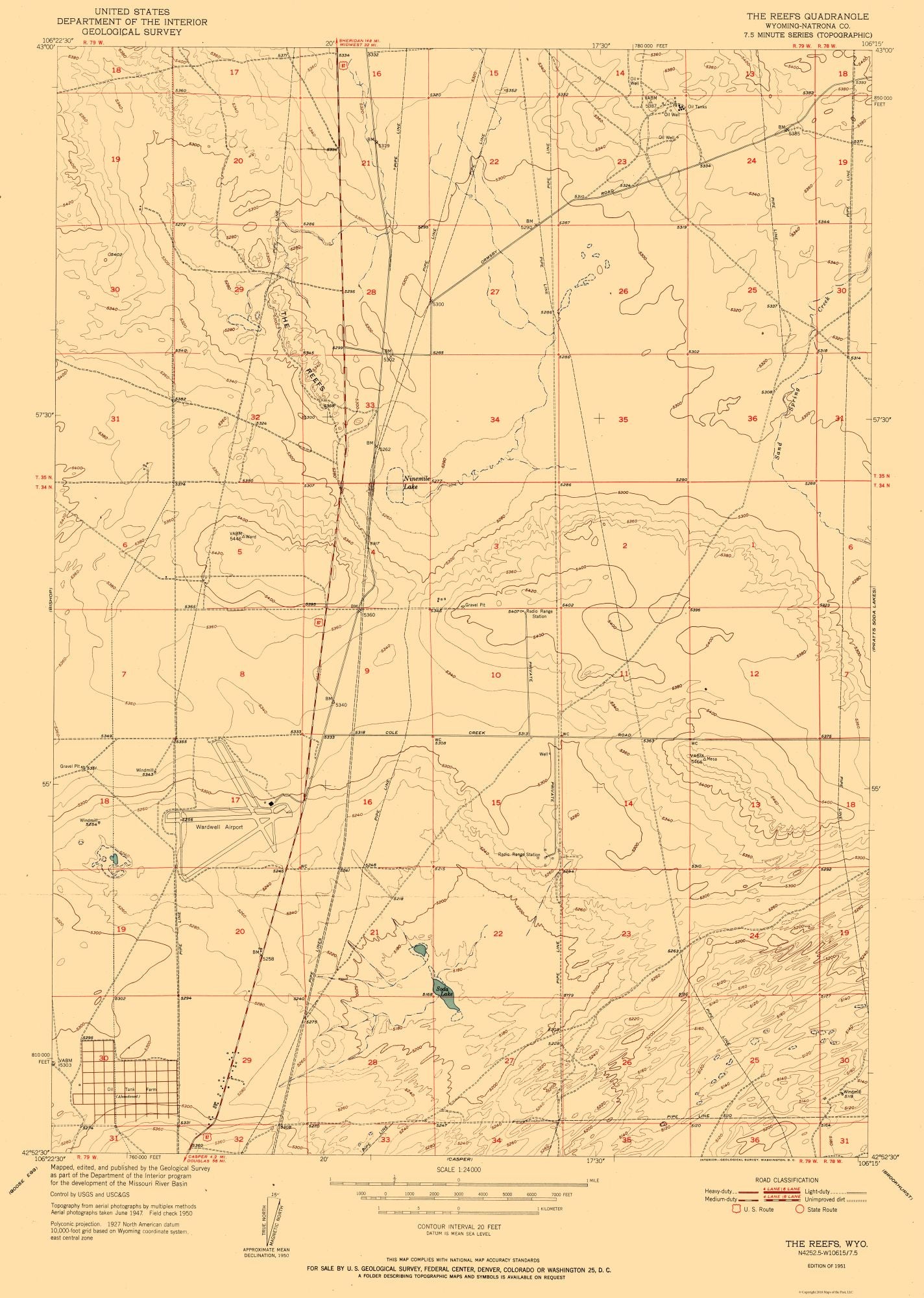 Topographical Map - Reefs Wyoming Quad - USGS 1951 - 23 x 32.30 - Vintage Wall Art