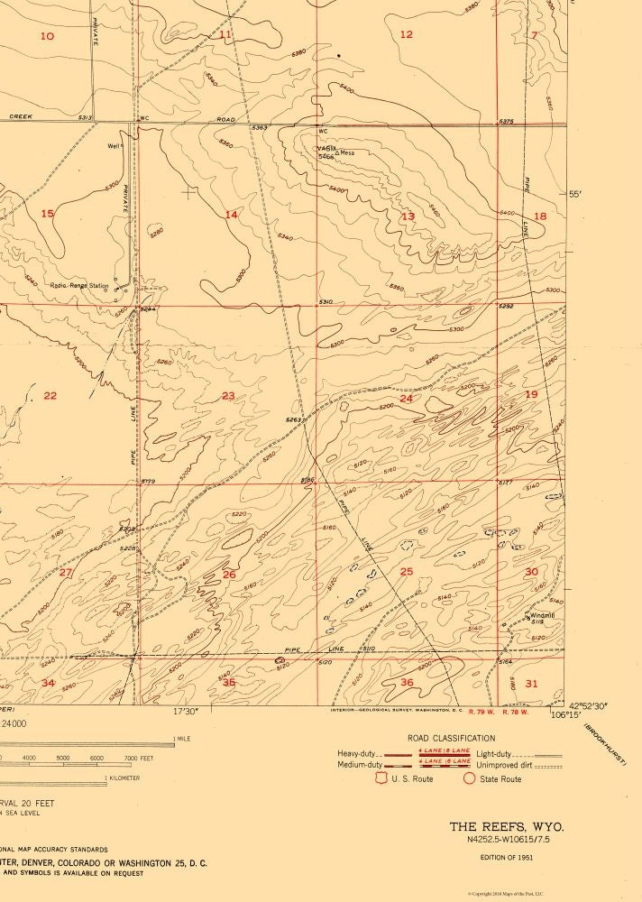 Topographical Map - Reefs Wyoming Quad - USGS 1951 - 23 x 32.30 - Vintage Wall Art