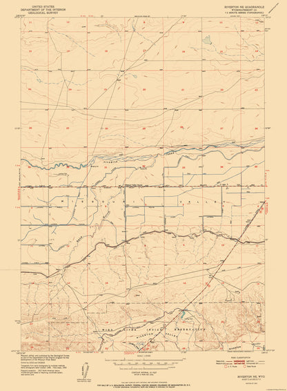 Topographical Map - Riverton Wyoming Quad - USGS 1952 - 23 x 31.30 - Vintage Wall Art