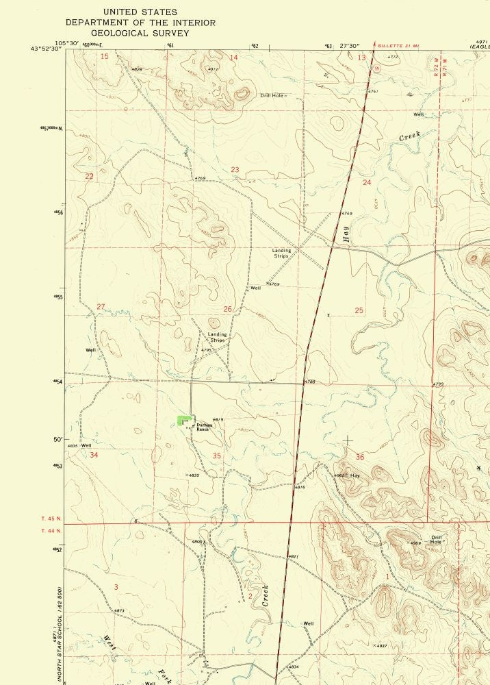 Topographical Map - Reno Junction Wyoming Quad - USGS 1971 - 23 x 32.11 - Vintage Wall Art