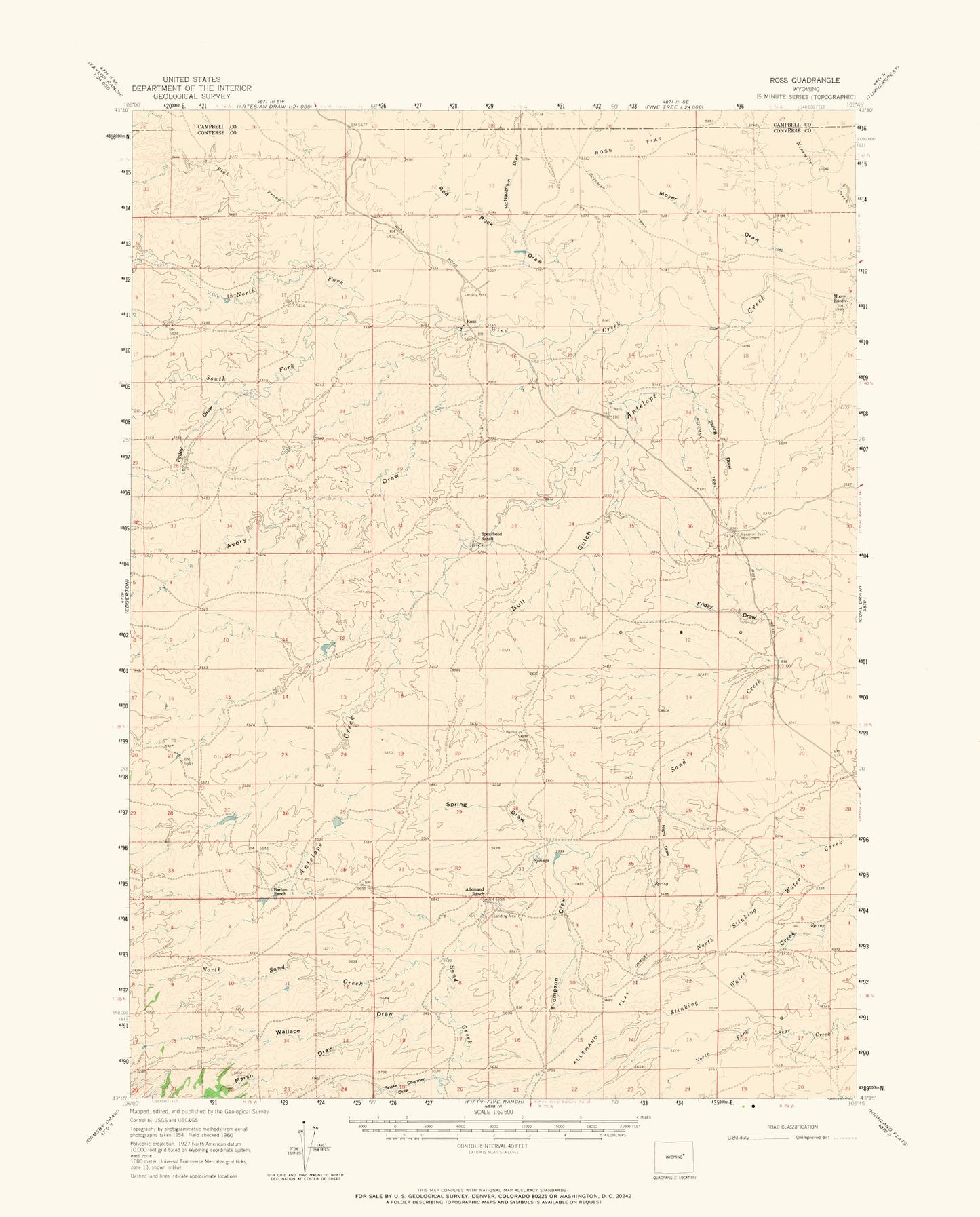 Topographical Map - Ross Wyoming Quad - USGS 1960 - 23 x 28.55 - Vintage Wall Art