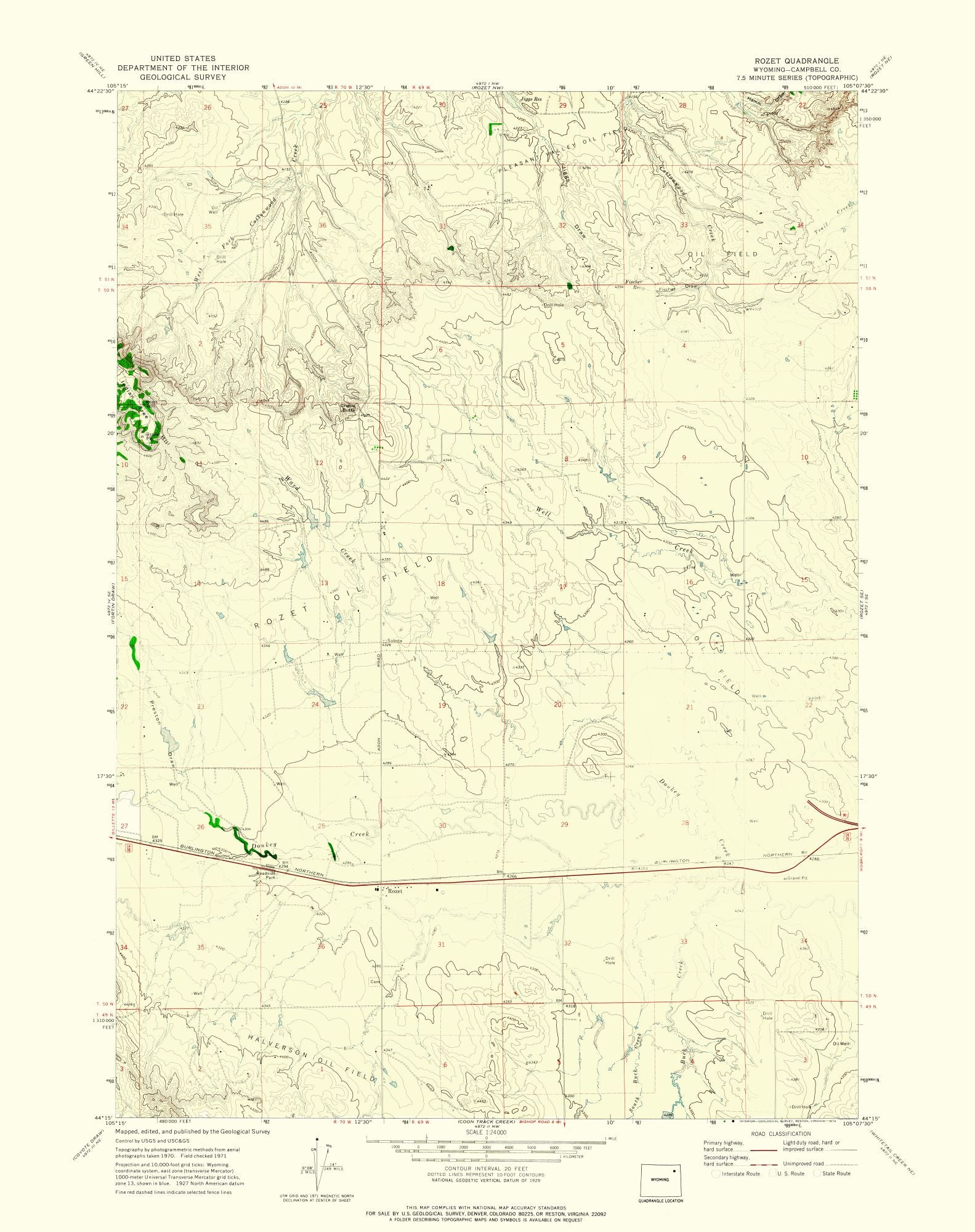 Topographical Map - Rozet Wyoming Quad - USGS 1971 - 23 x 29.06 - Vint ...