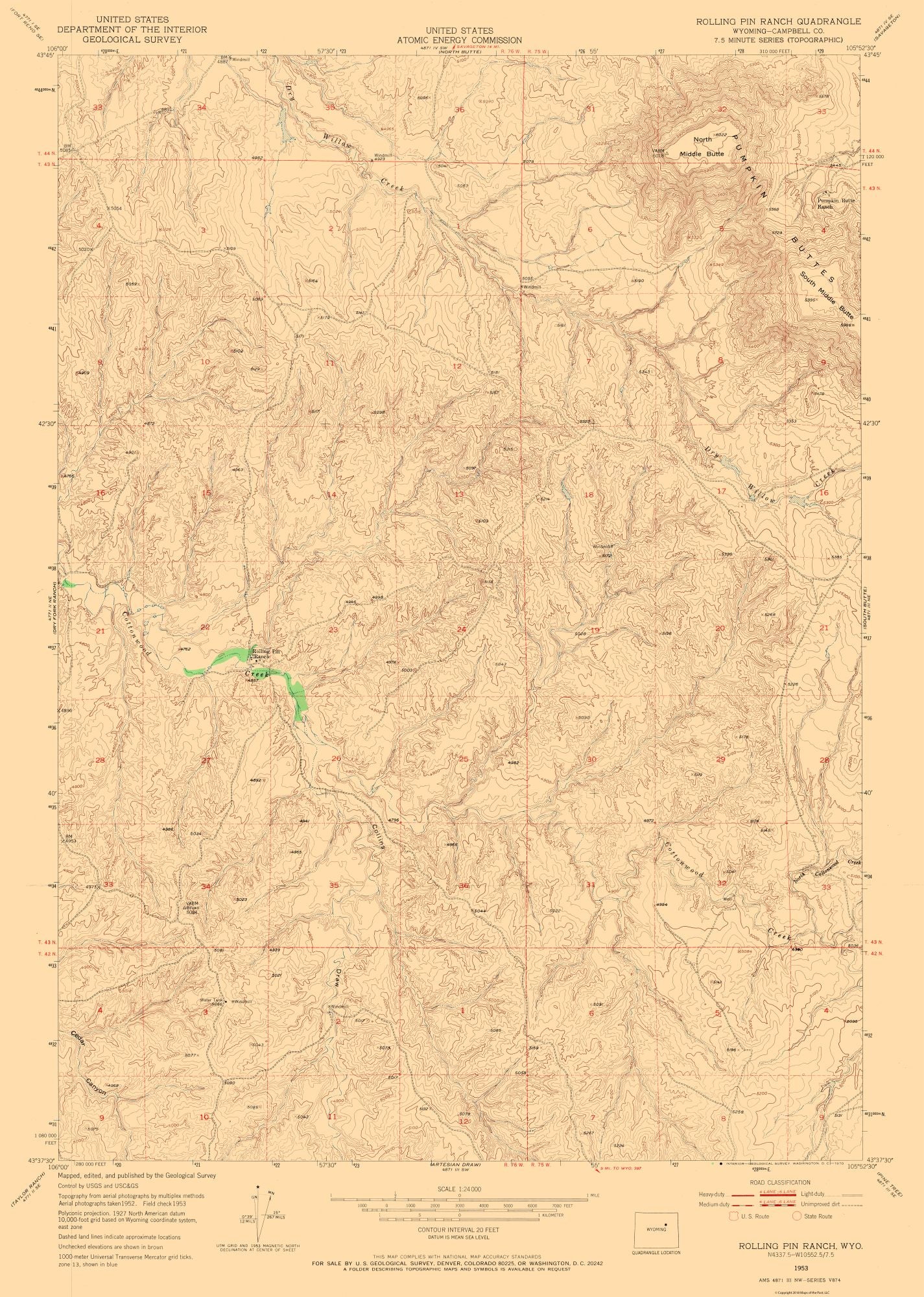 Topographical Map - Rolling Pin Ranch Wyoming Quad - USGS 1953 - 23 x 32.28 - Vintage Wall Art