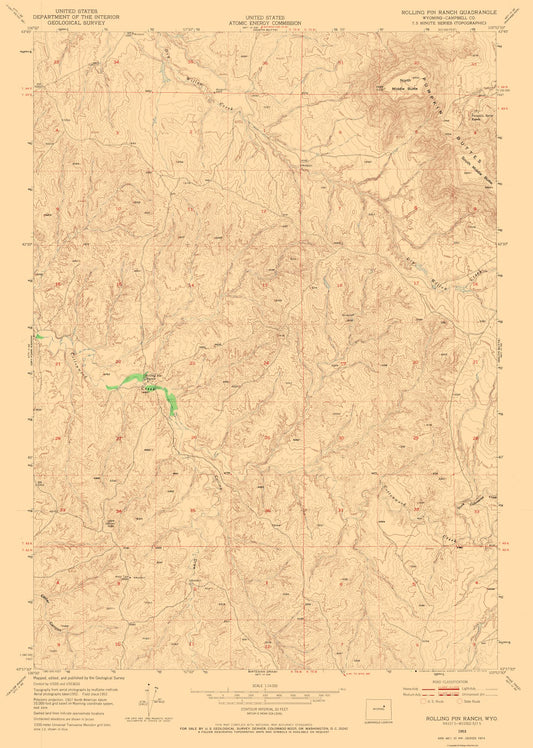 Topographical Map - Rolling Pin Ranch Wyoming Quad - USGS 1953 - 23 x 32.28 - Vintage Wall Art