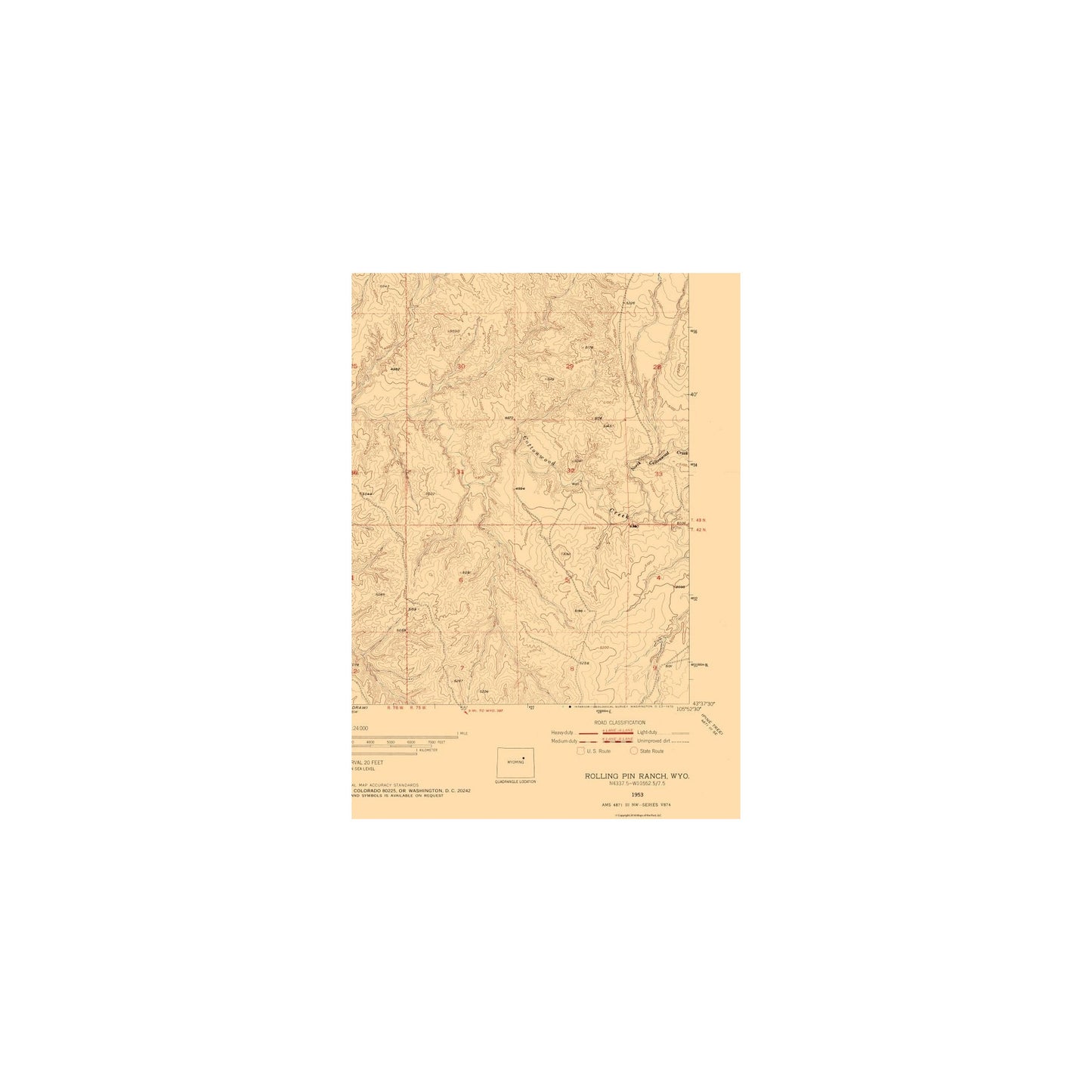 Topographical Map - Rolling Pin Ranch Wyoming Quad - USGS 1953 - 23 x ...