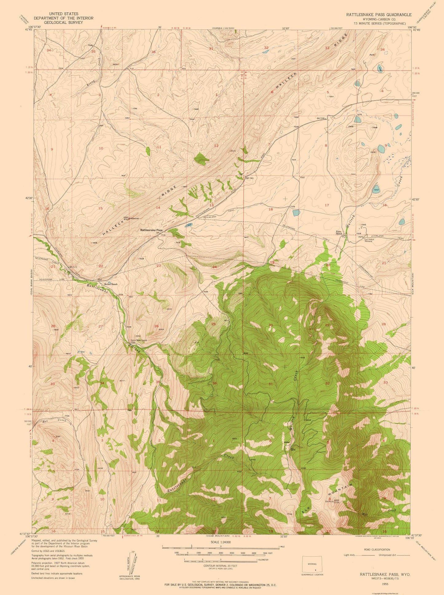 Topographical Map - Rattlesnake Pass Wyoming Quad - USGS 1955 - 23 x 30.81 - Vintage Wall Art