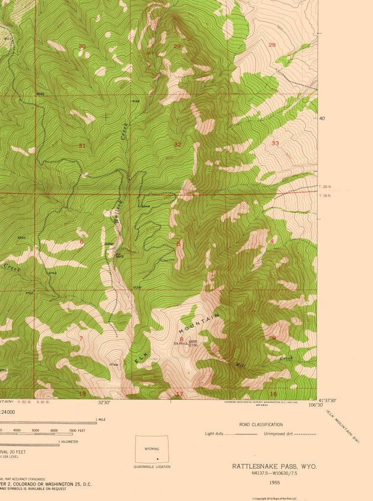 Topographical Map - Rattlesnake Pass Wyoming Quad - USGS 1955 - 23 x 30.81 - Vintage Wall Art