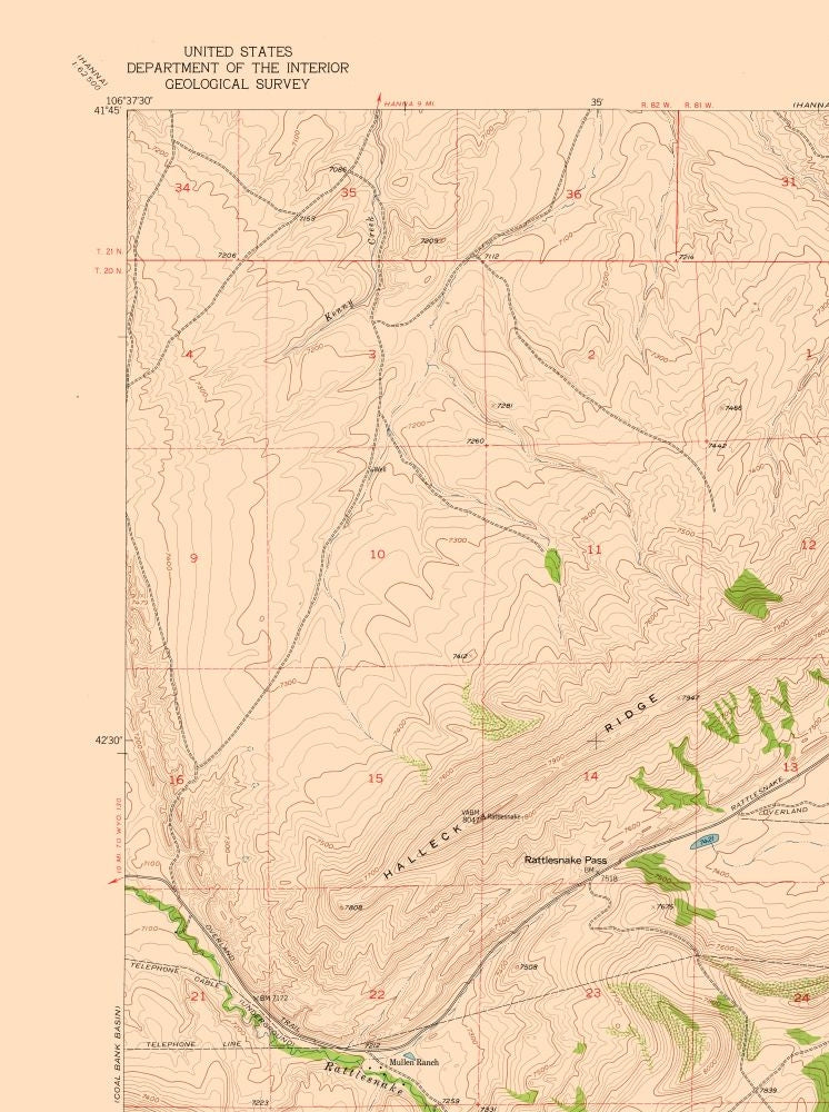 Topographical Map - Rattlesnake Pass Wyoming Quad - USGS 1955 - 23 x 30.81 - Vintage Wall Art