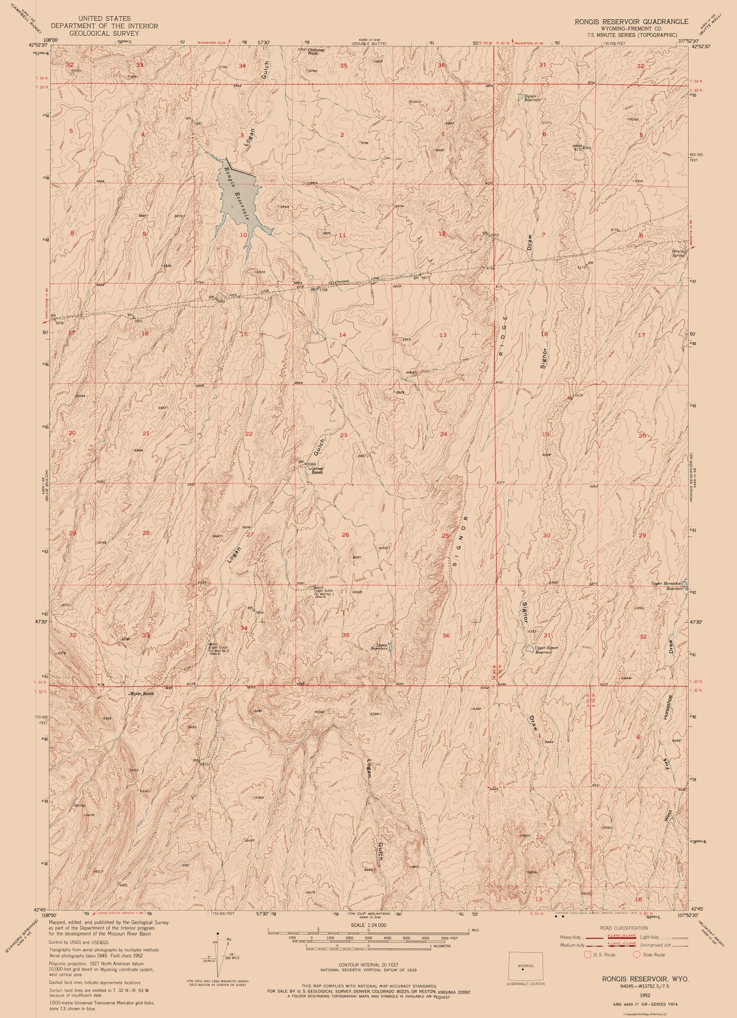 Topographical Map - Rongis Reservoir Wyoming Quad - USGS 1952 - 23 x 31.78 - Vintage Wall Art