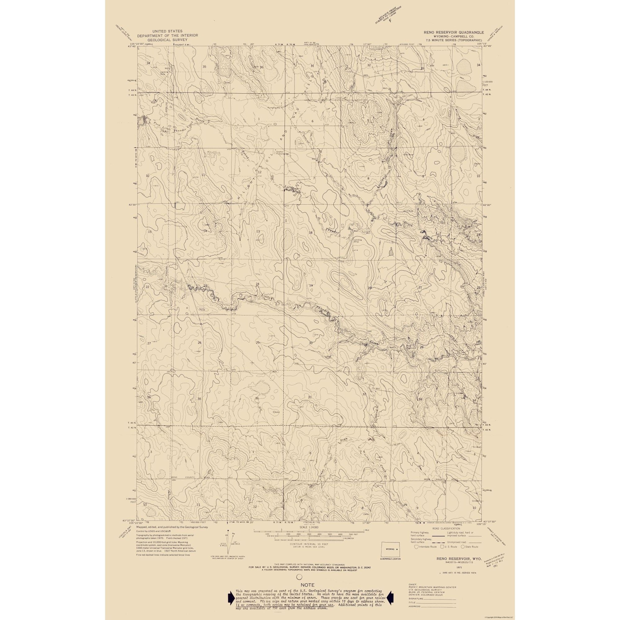 Topographical Map - Reno Reservoir Wyoming Quad - USGS 1971 - 23 x 34 ...