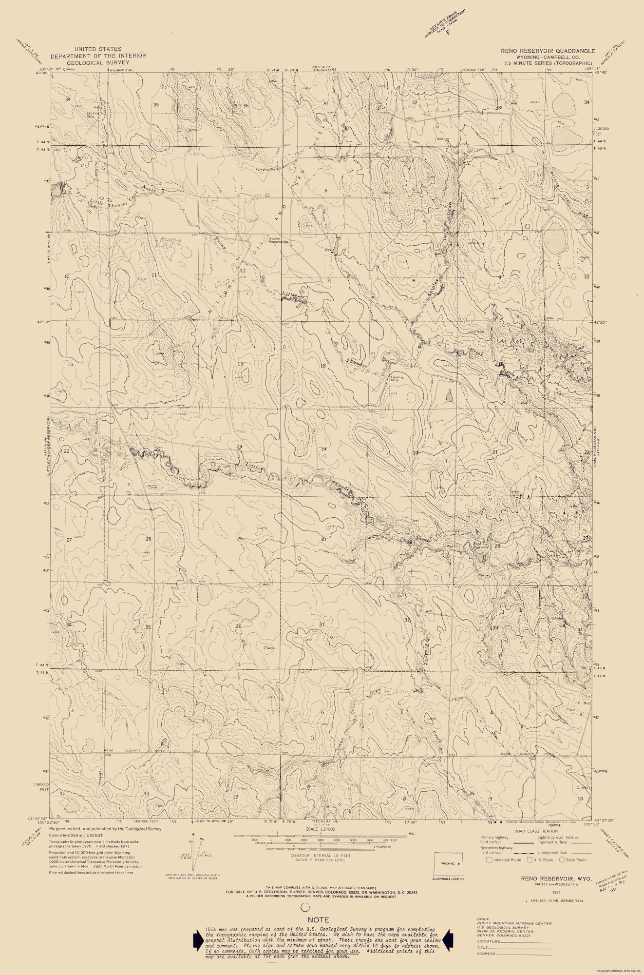 Topographical Map - Reno Reservoir Wyoming Quad - USGS 1971 - 23 x 34.79 - Vintage Wall Art