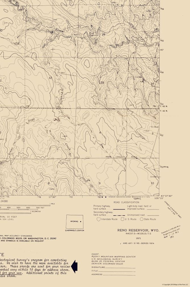 Topographical Map - Reno Reservoir Wyoming Quad - USGS 1971 - 23 x 34.79 - Vintage Wall Art