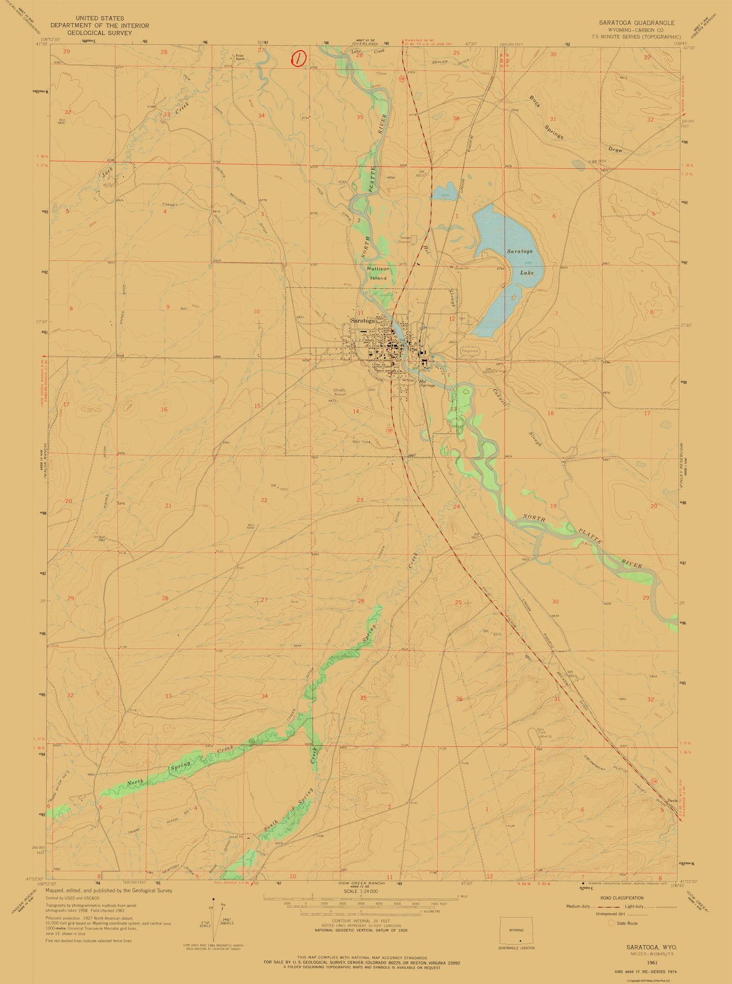 Topographical Map - Saratoga Wyoming Quad - USGS 1961 - 23 x 30.87 - Vintage Wall Art