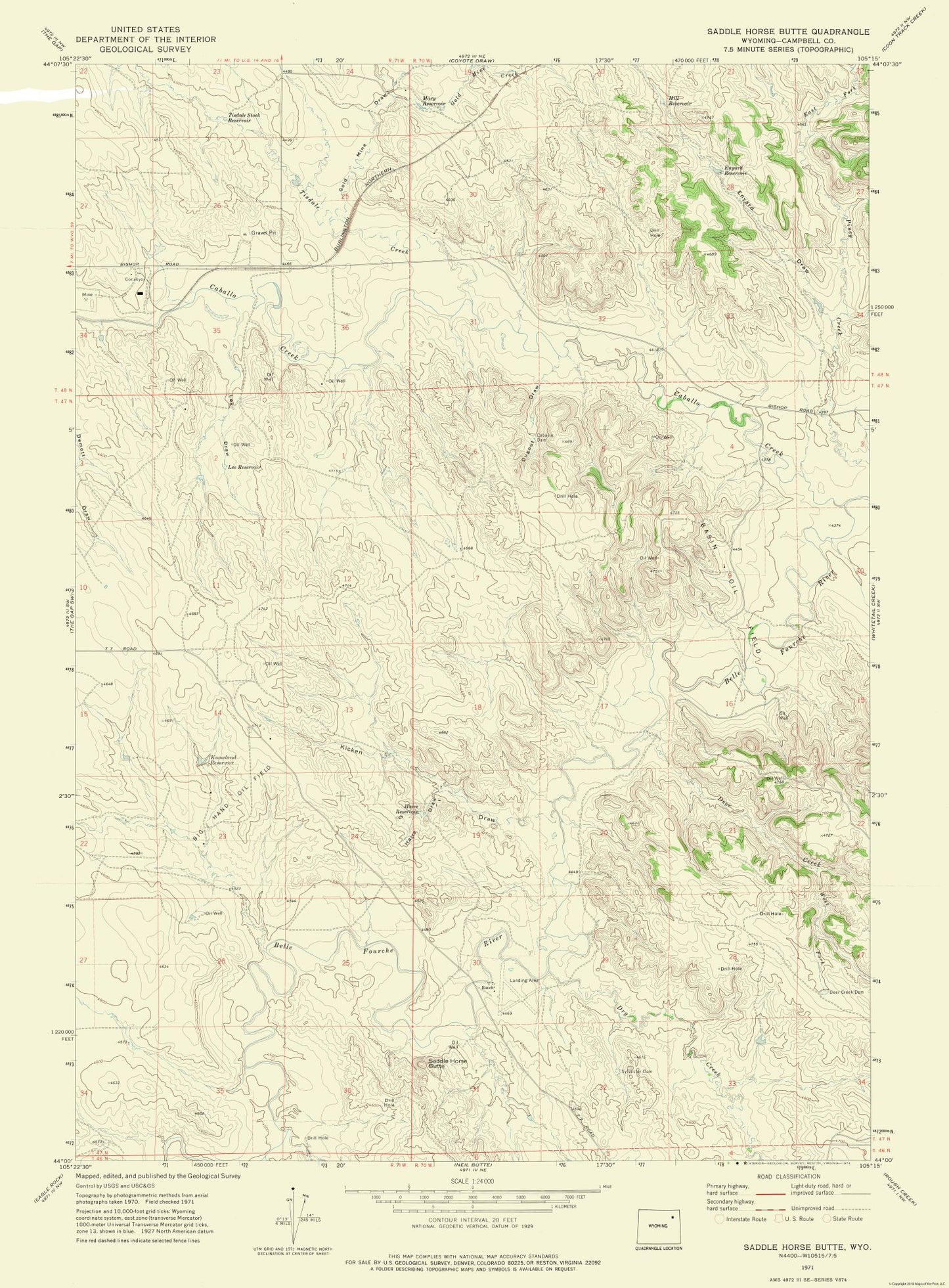 Topographical Map - Saddle Horse Butte Wyoming Quad - USGS 1971 - 23 x 31.22 - Vintage Wall Art